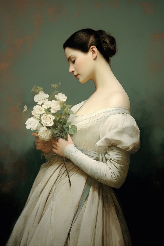 Illustration of Jean Auguste Dominique woman holding flowers painting portrait dress.