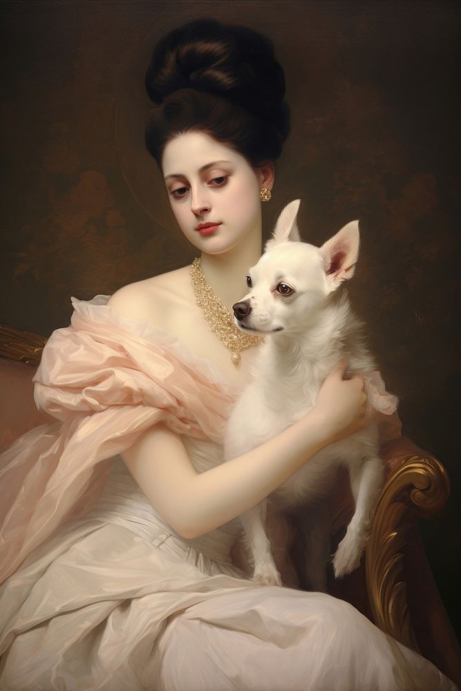 Illustration of Jean Auguste Dominique woman holding a dog portrait painting mammal.
