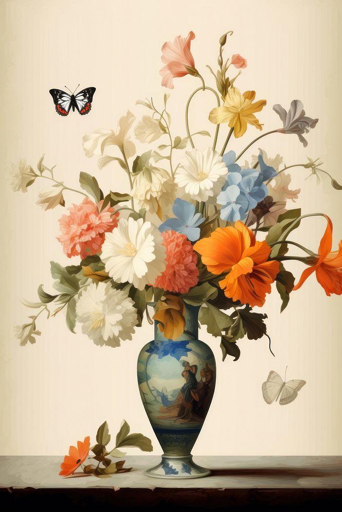 Illustration of Vermeer butterfly and flowers in a vase painting art plant.