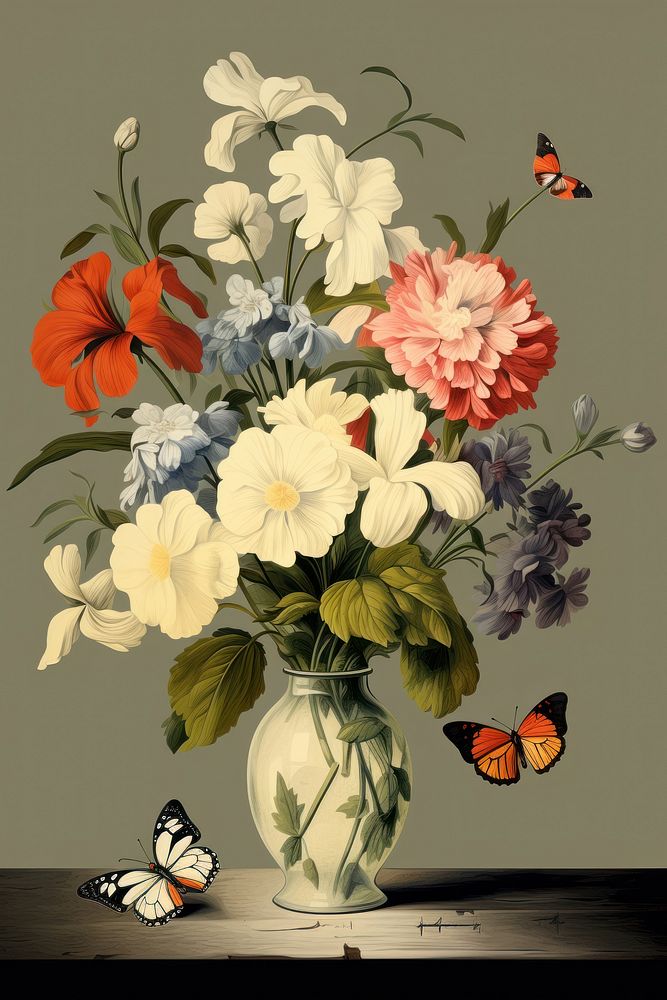 Illustration of Vermeer butterfly and flowers in a vase painting art plant.