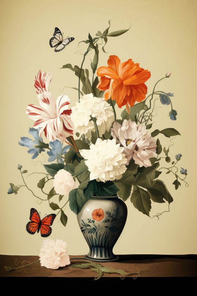 Illustration of Vermeer butterfly and flowers in a vase painting art pattern.
