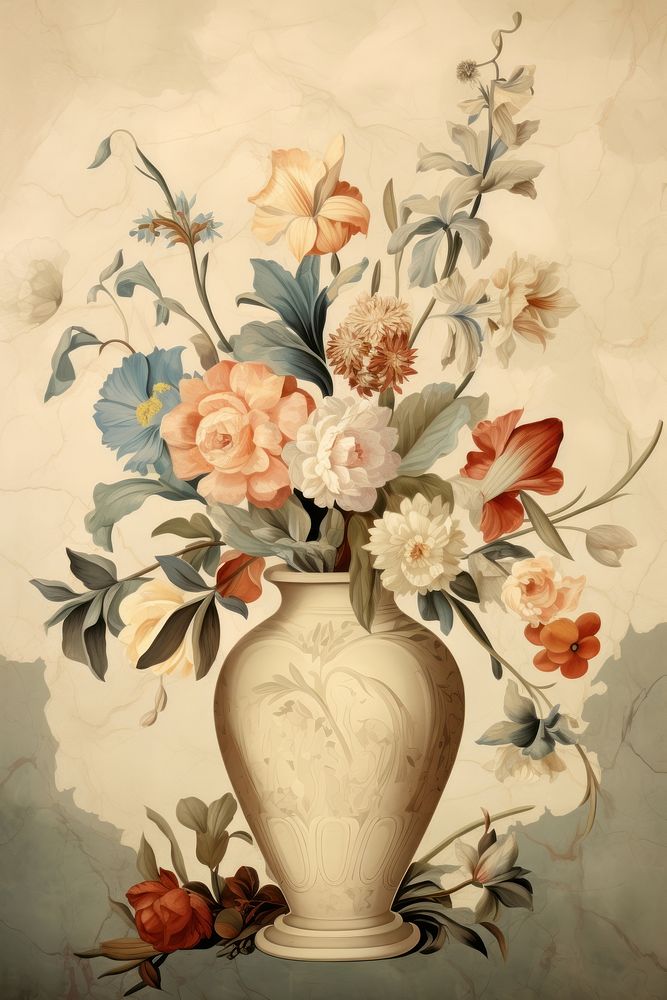 Illustration ofJohannes Vermeer a vase of flowers painting art porcelain.
