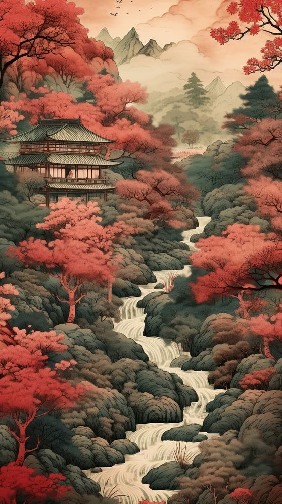  Japanese wallpaper landscape outdoors painting. AI generated Image by rawpixel.