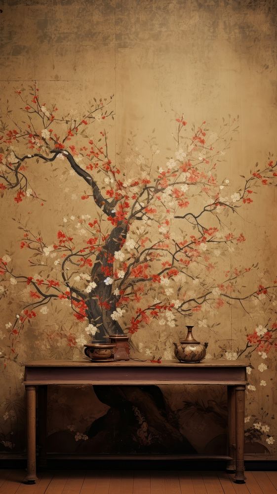  Japanese wallpaper architecture painting plant. 