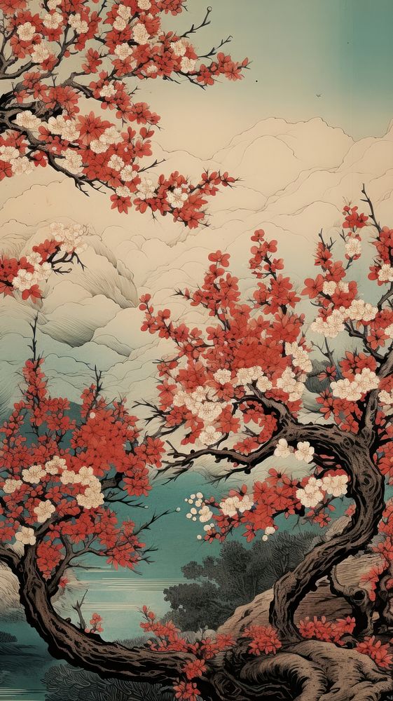  Japanese wallpaper painting plant tree. AI generated Image by rawpixel.
