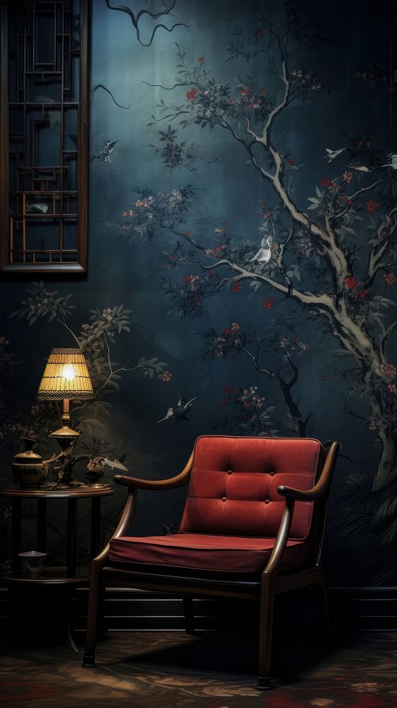  Japanese wallpaper furniture armchair lamp. AI generated Image by rawpixel.