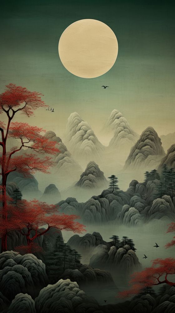  Japanese wallpaper outdoors painting nature. AI generated Image by rawpixel.