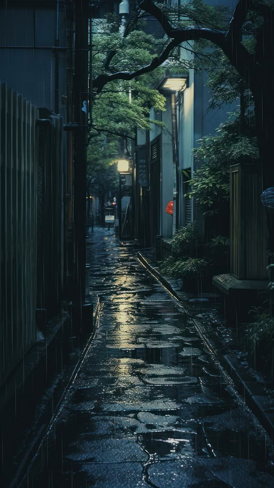  Japanese wallpaper rain street alley. AI generated Image by rawpixel.