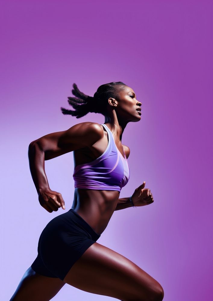 Black female athlete is running jogging purple adult.