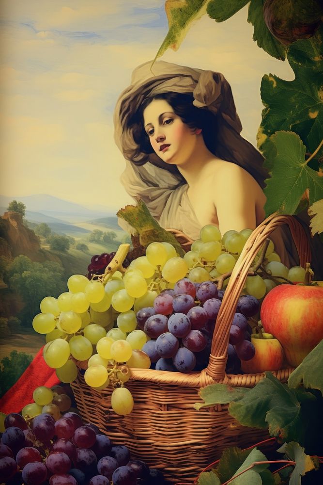 Llustration of Johannes Vermeer basket of fruits painting portrait nature.