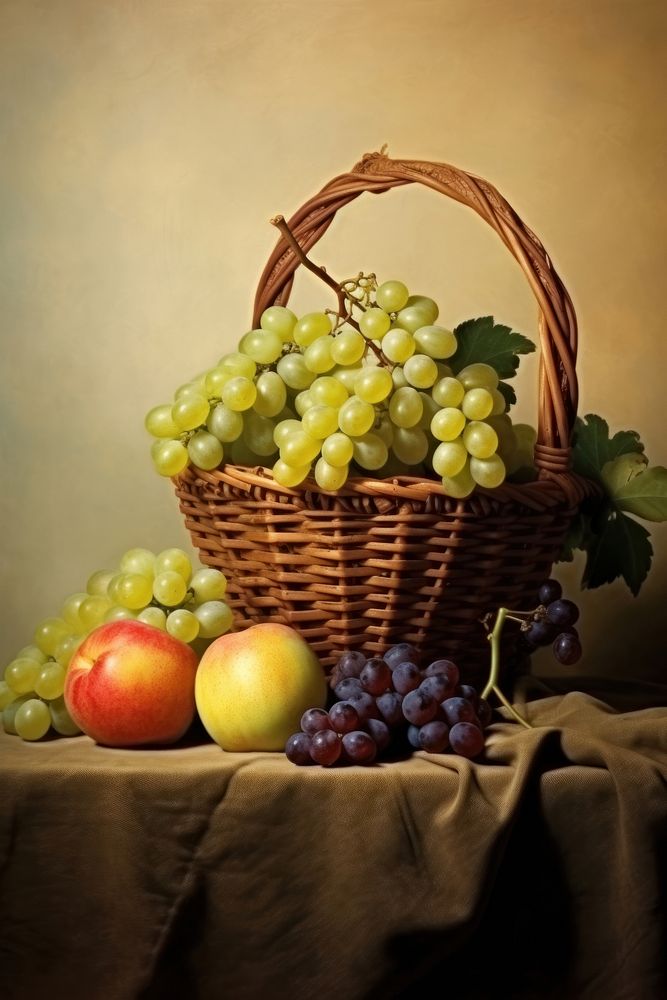 Llustration of Johannes Vermeer basket of fruits painting grapes apple.
