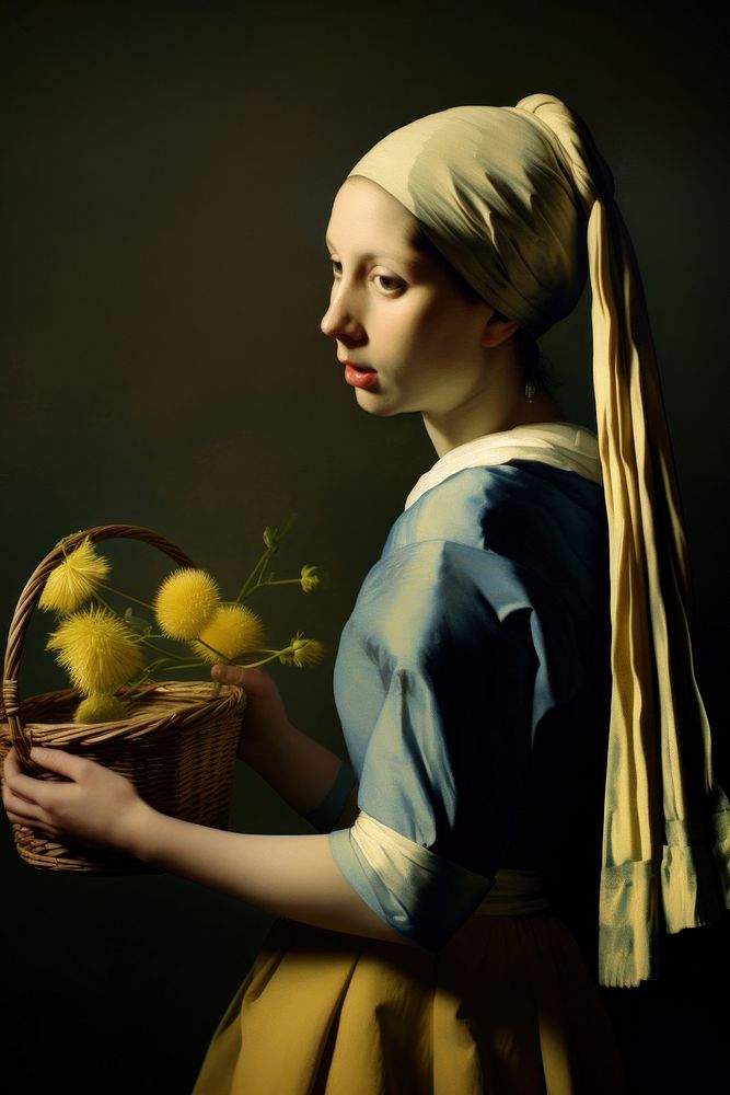 Johannes Vermeer woman holding basket of flowers painting portrait adult.