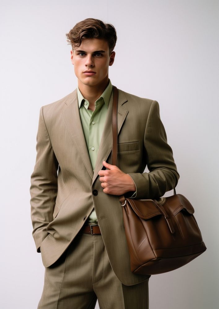 Man model in a brown suit bag fashion blazer. AI generated Image by rawpixel.