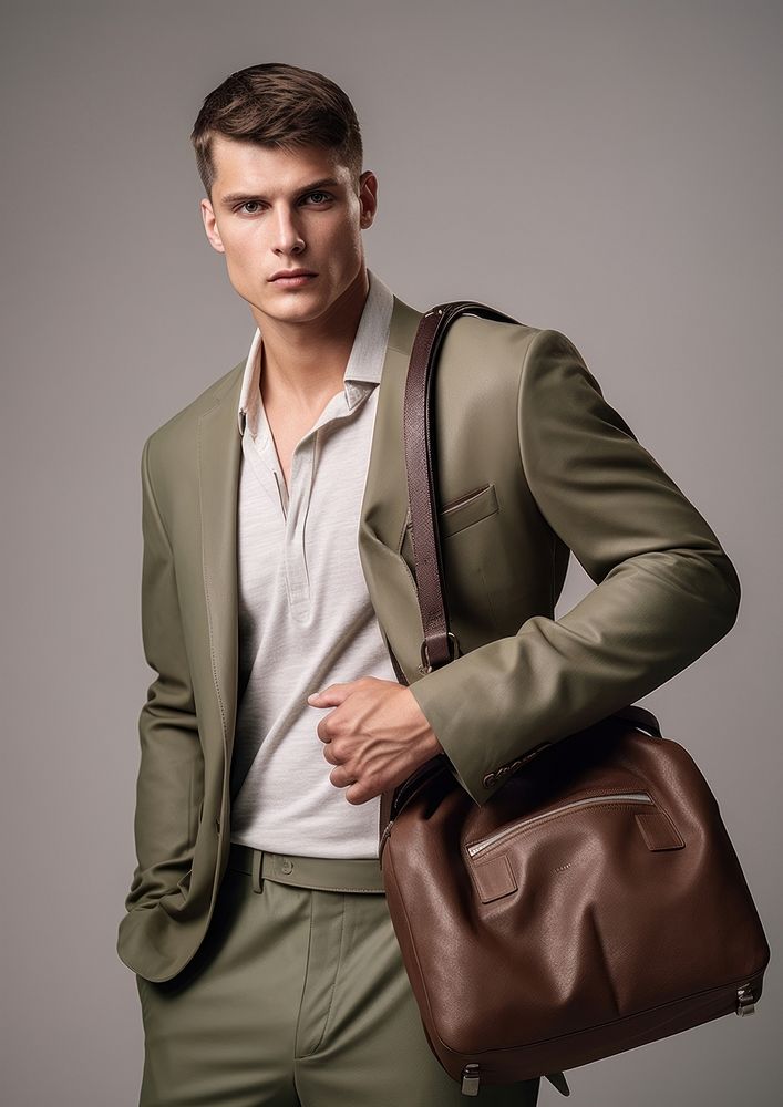 Man model in a brown suit bag handbag fashion. AI generated Image by rawpixel.