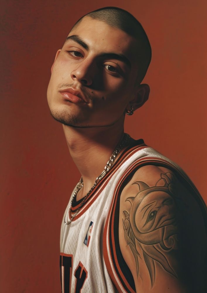 Skinhead Mexican young man portrait fashion tattoo.