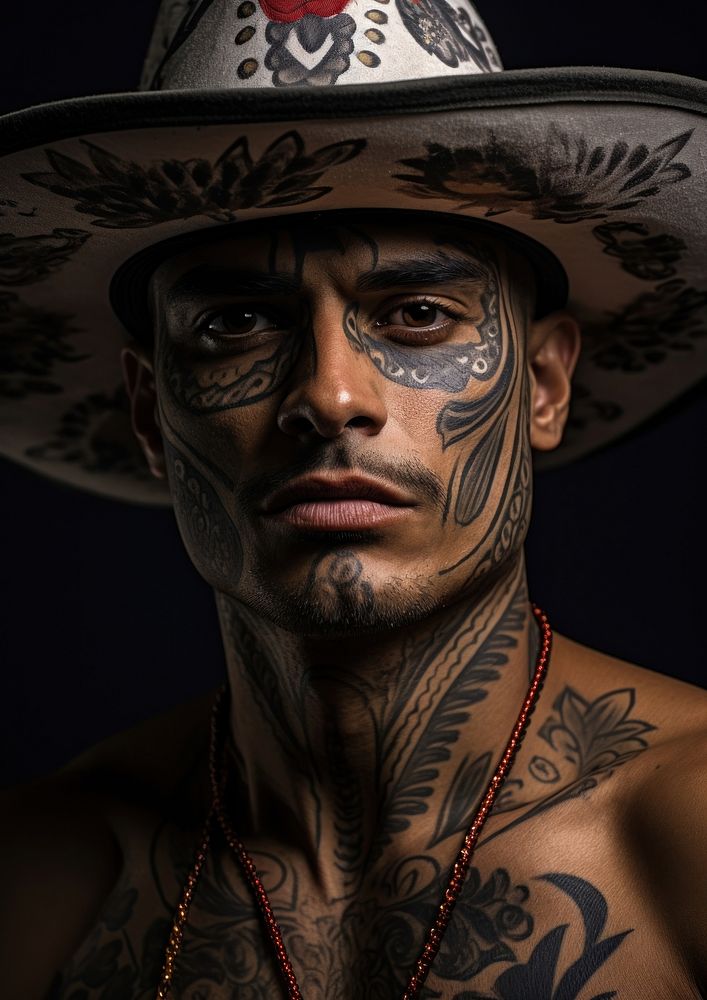 Mexican man for cover of masculine magazine portrait tattoo photo.