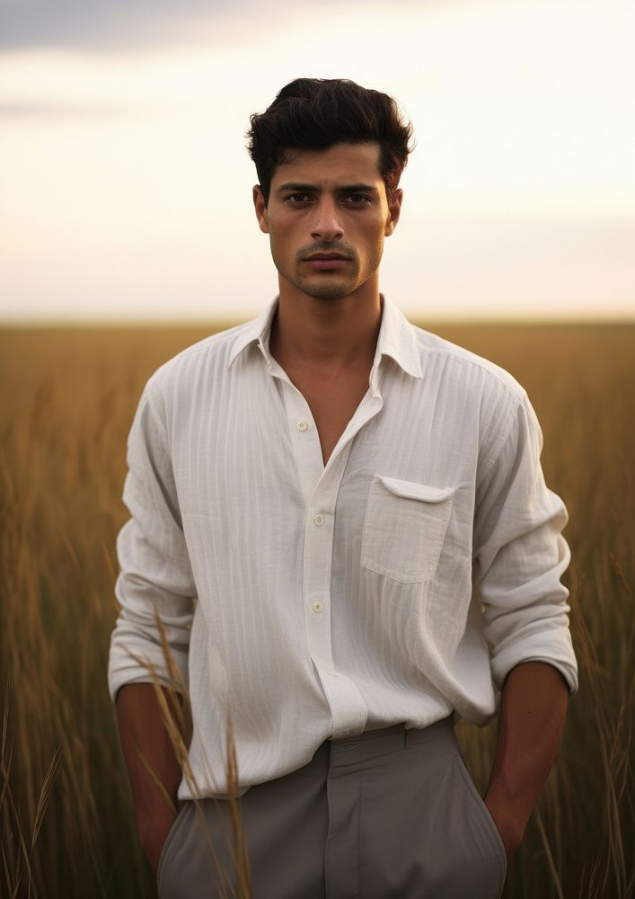 Hispanic man with minimal white shirt portrait standing nature.