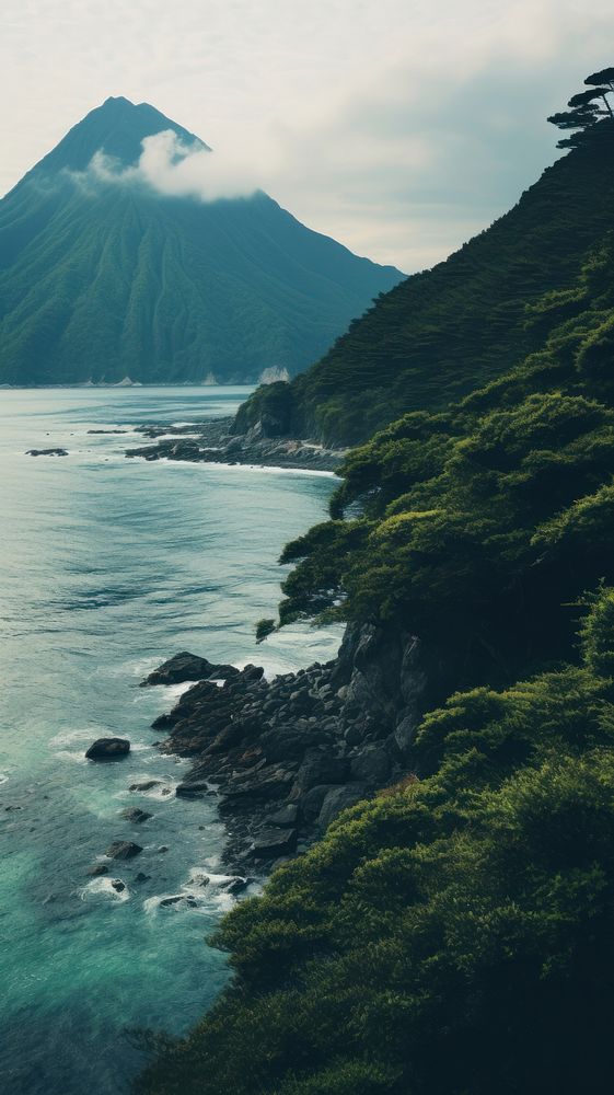  Japanese wallpaper mountain sea landscape. AI generated Image by rawpixel.