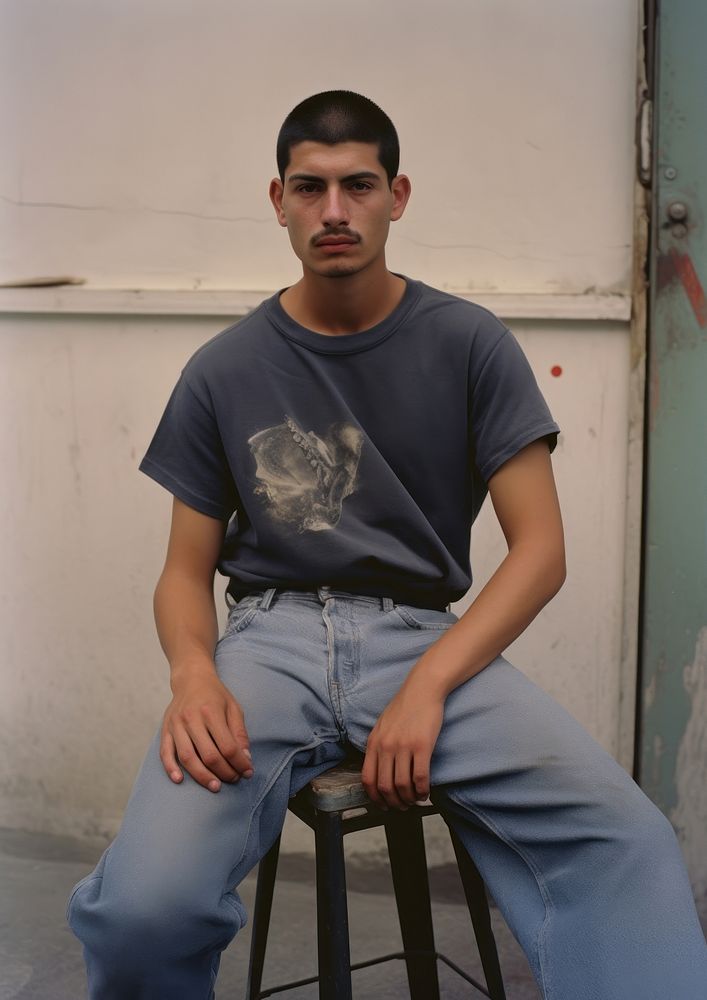 Mexican man sitting chair fashion adult jeans.