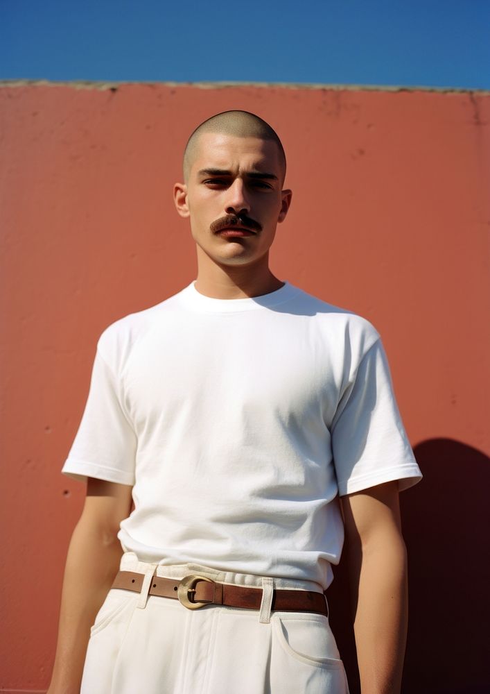 Mexican man skinhead with Mustache standing fashion sports.