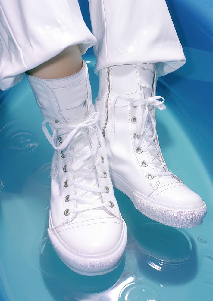 Legs wearing white boots lying on a bathtub footwear fashion shoe.