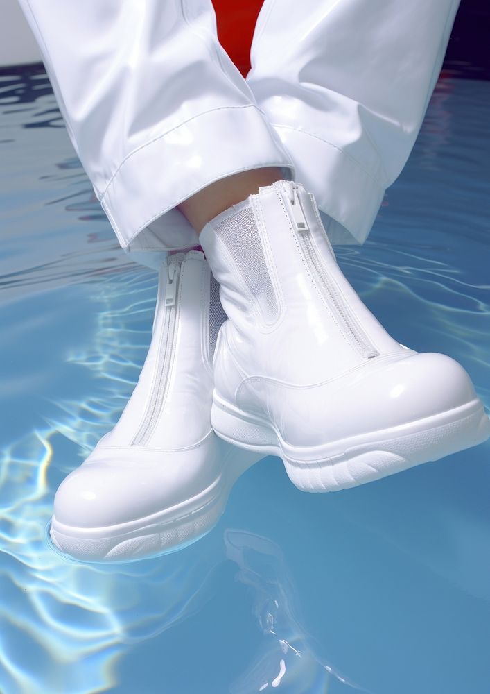 Legs wearing white boots lying on a bathtub footwear fashion adult.