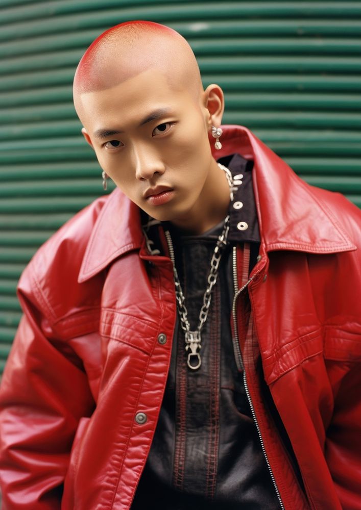 Asian boy Red Buzz Cut hair necklace jewelry fashion.