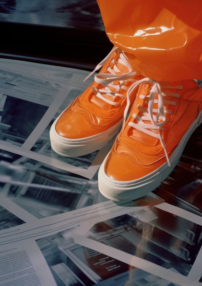 Orange sneakers lying on a trash bin footwear shoe shoelace.