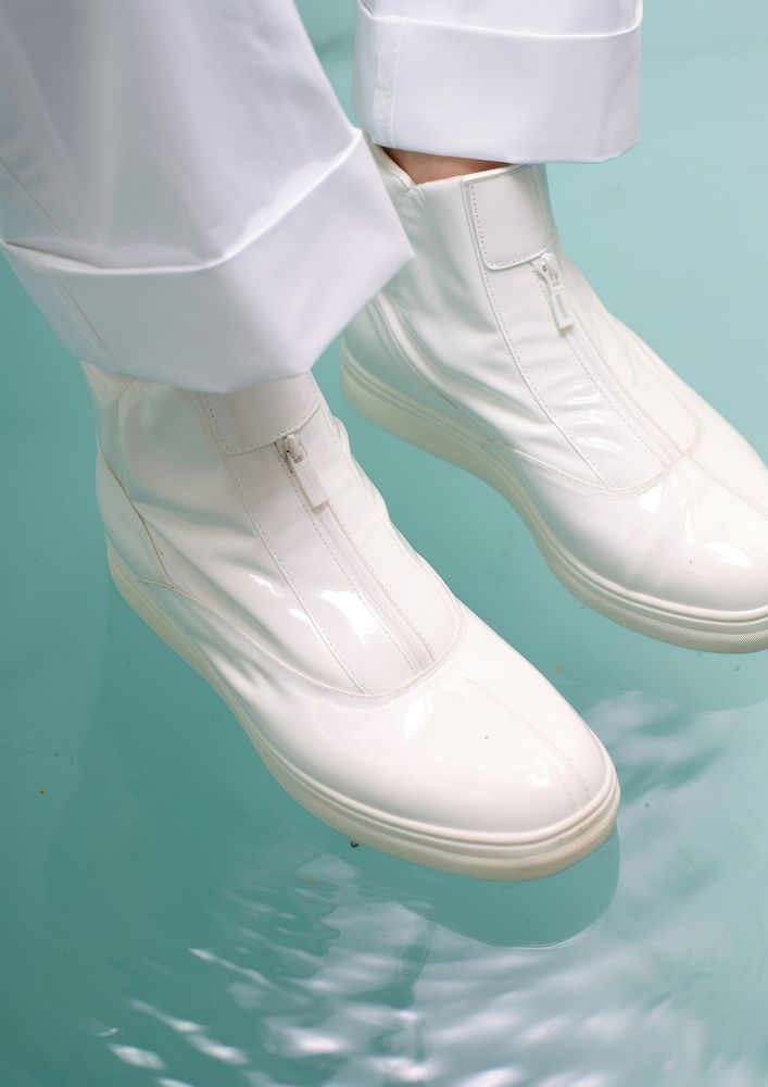Legs wearing white boots lying on a bathtub footwear adult shoe.