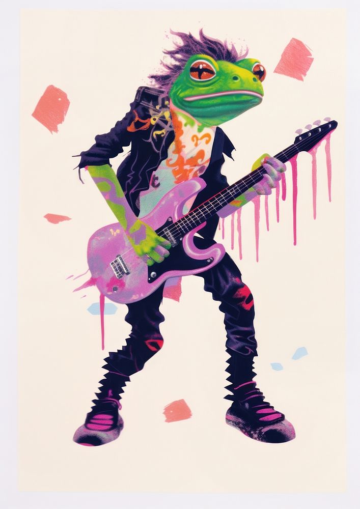 A cartoon Punk Frog with guitar representation performance publication. AI generated Image by rawpixel.