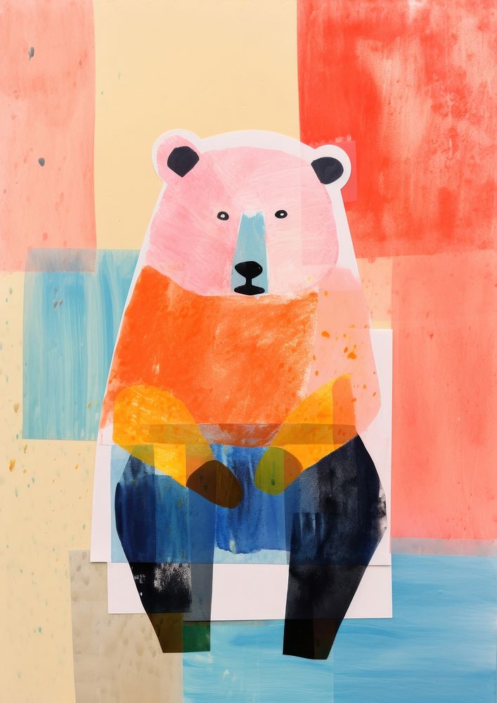 Bear doing homework Risograph art painting mammal.