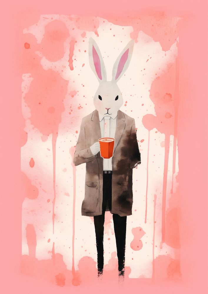 Rabbit drinking coffee Risograph painting animal mammal.