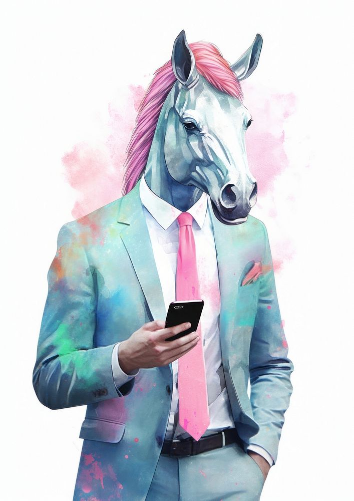 Unicorn businessman using smartphone Risograph animal mammal sketch.