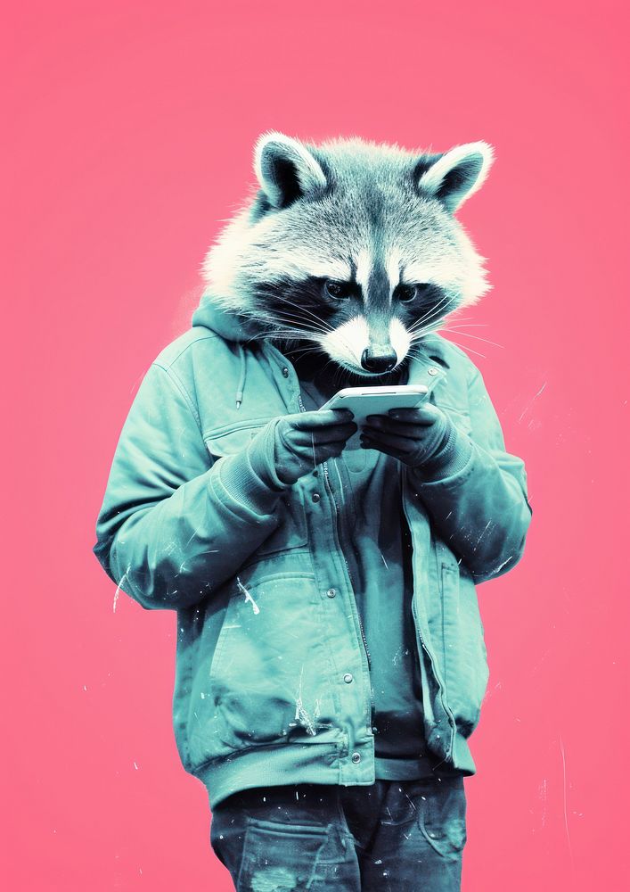Raccoon using smartphone Risograph animal mammal procyonidae.