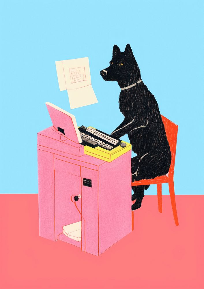 Cute dog using a computer furniture mammal animal.