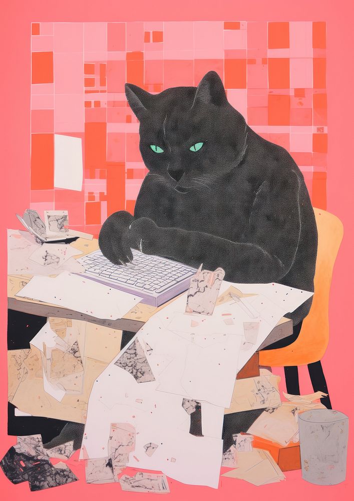 Cat doing homework Risograph art painting collage.