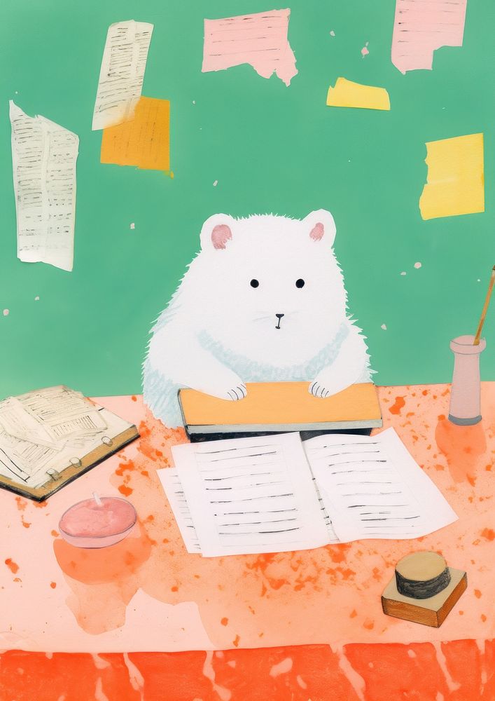 Hamster doing homework Risograph mammal paper art.