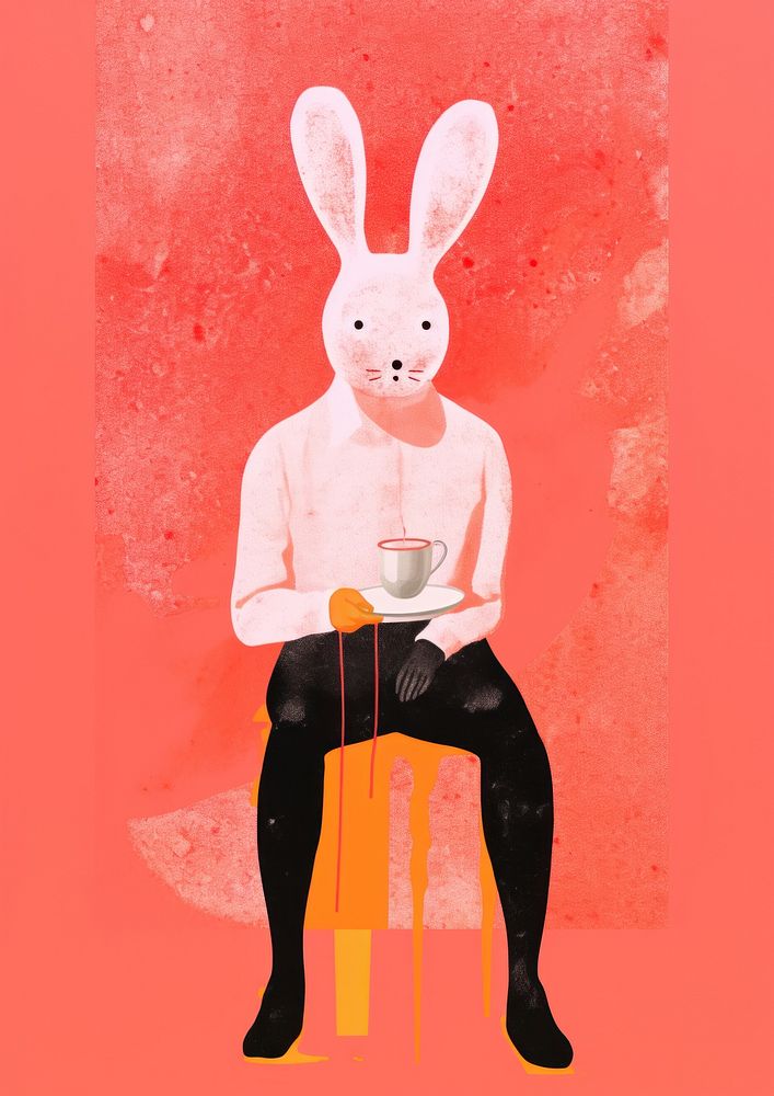 Rabbit drinking coffee Risograph art painting cartoon.