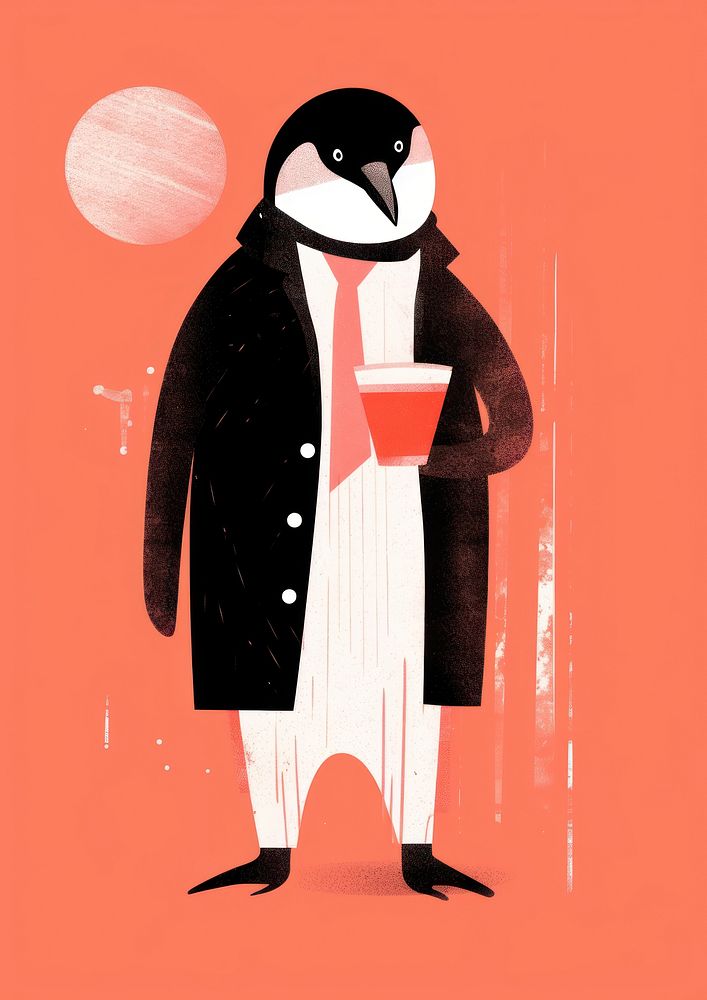 Penguin drinking coffee Risograph adult art standing.