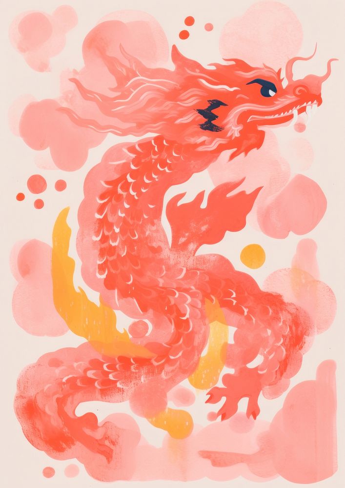 Chinese dragon Risograph art painting representation.