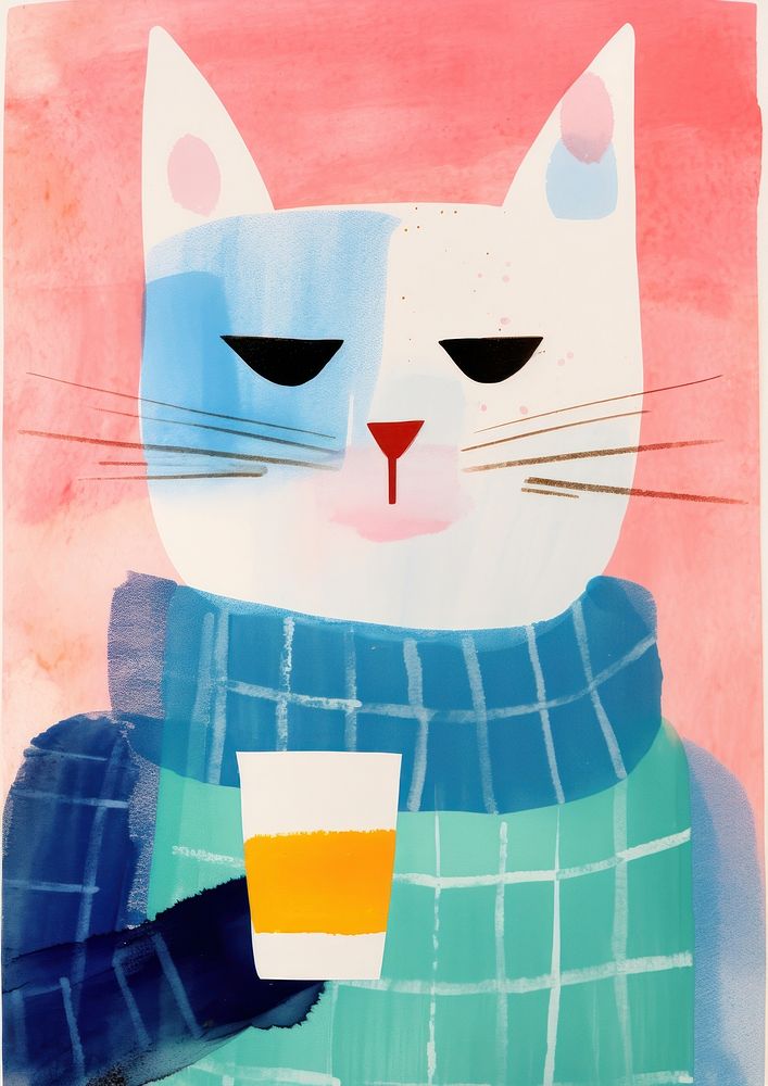 Cat holding coffee mug painting art refreshment.