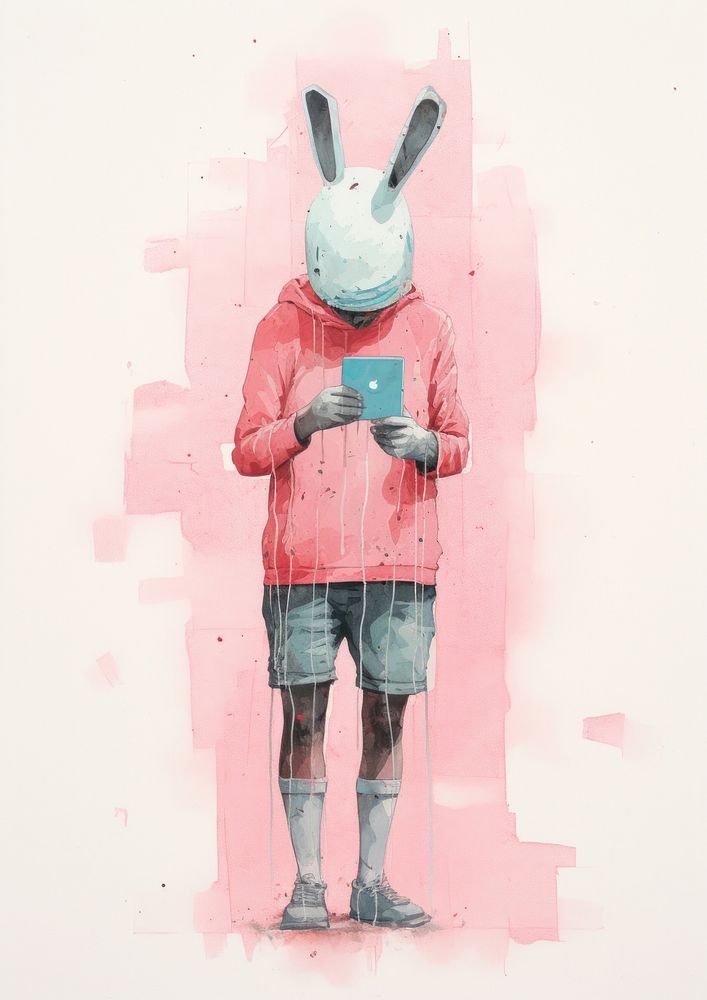 Rabbit using smartphone Risograph painting footwear drawing.