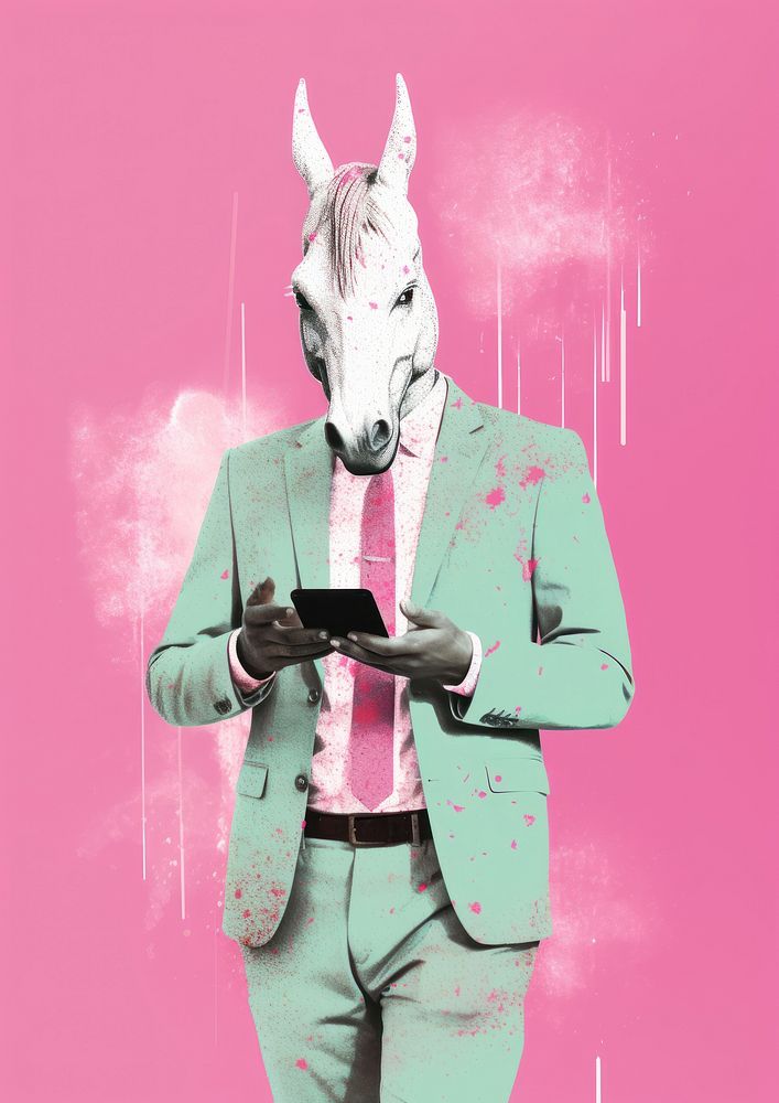 Unicorn businessman using smartphone Risograph animal mammal horse.