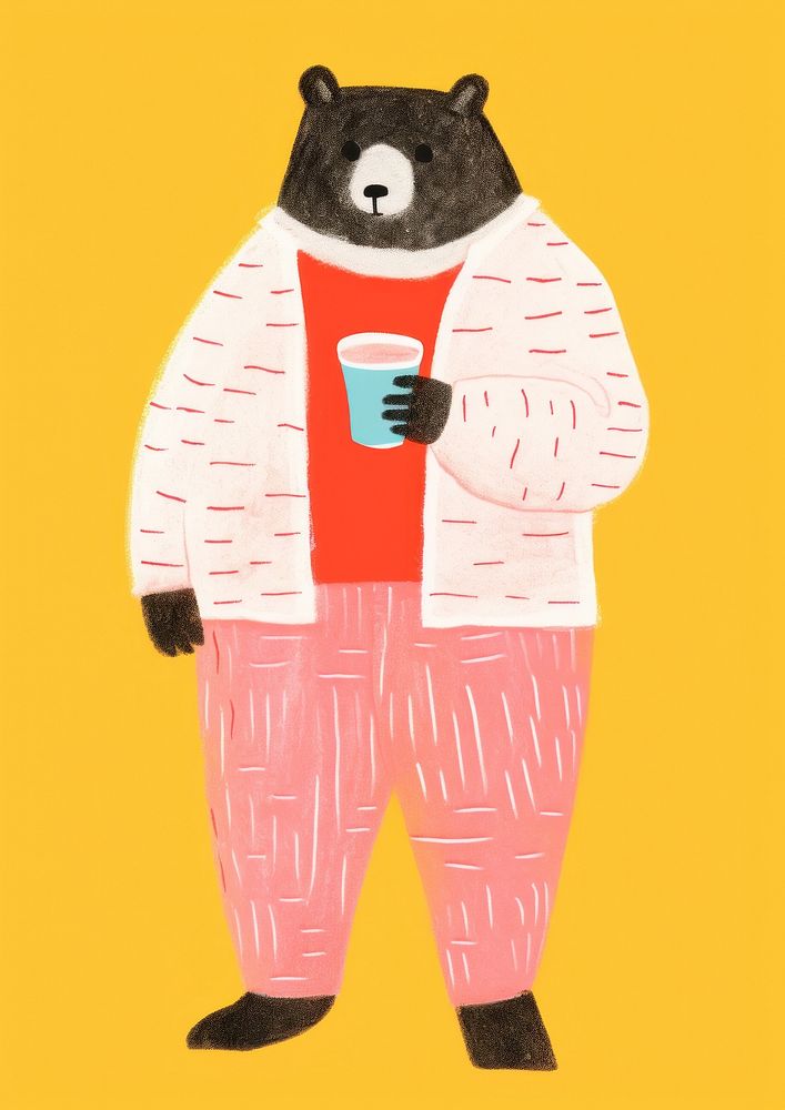 Bear drinking coffee Risograph art representation standing.