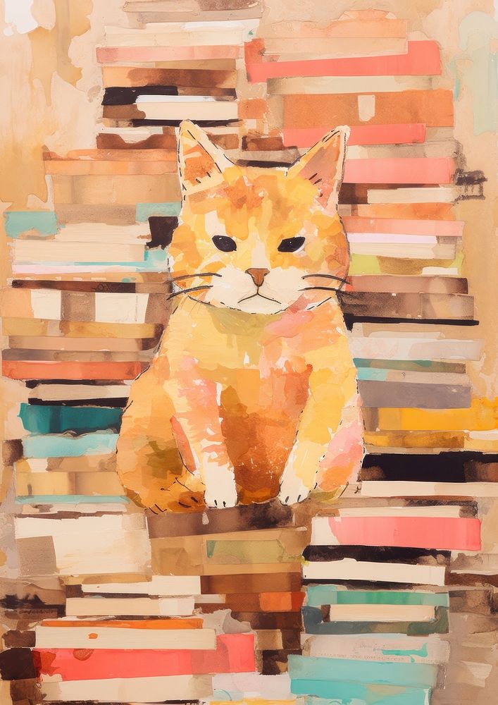 Brown cat reading books painting animal mammal.