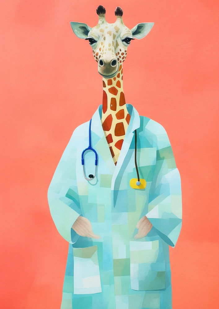 Cute giraffe wearing laboratory gown hospital animal mammal.