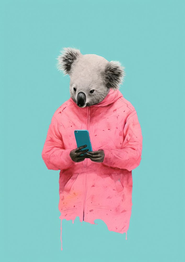 Koala using smartphone Risograph mammal bear representation.