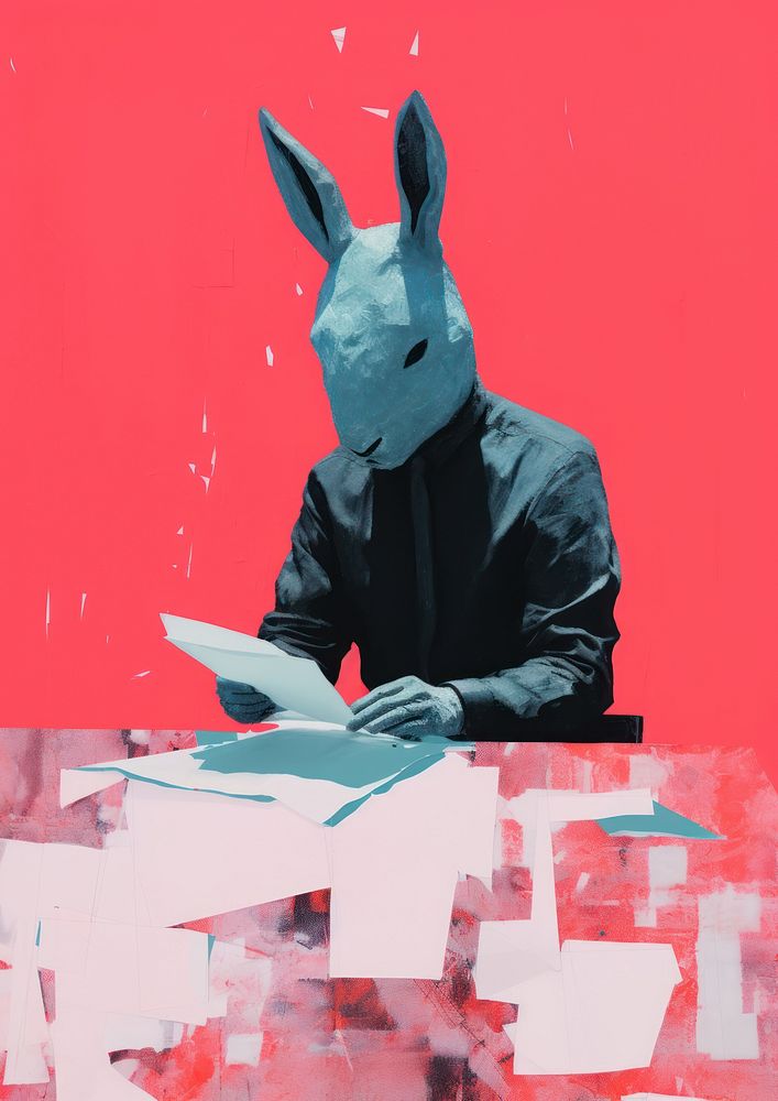 Rabbit doing homework Risograph art painting animal.