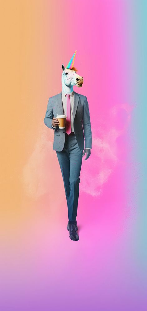 Unicorn businessman holding coffee Risograph costume adult representation.