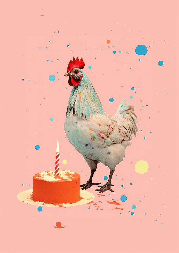 Chicken holding birthday cake Risograph poultry dessert animal.